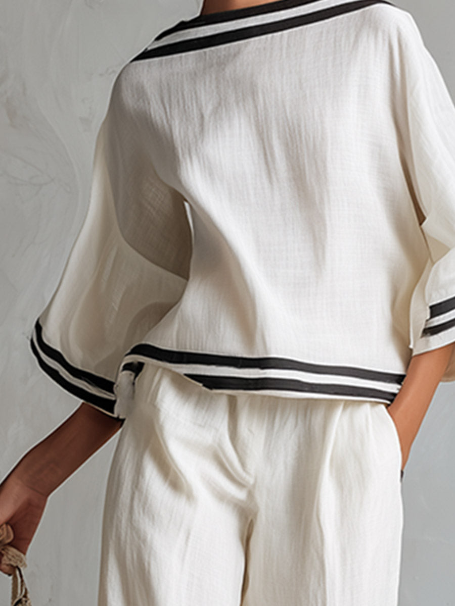 Elegant Minimalist Trim White Cotton-Linen T-Shirt And Wide-Leg Pants Set
