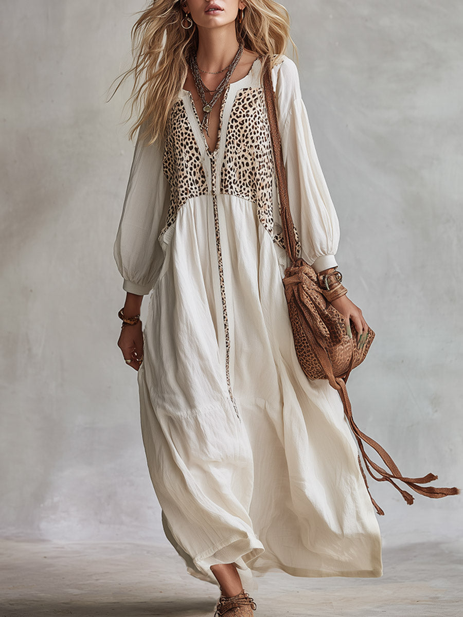 Vintage-style Boho White Leopard-print Patchwork Long-sleeved Maxi Dress