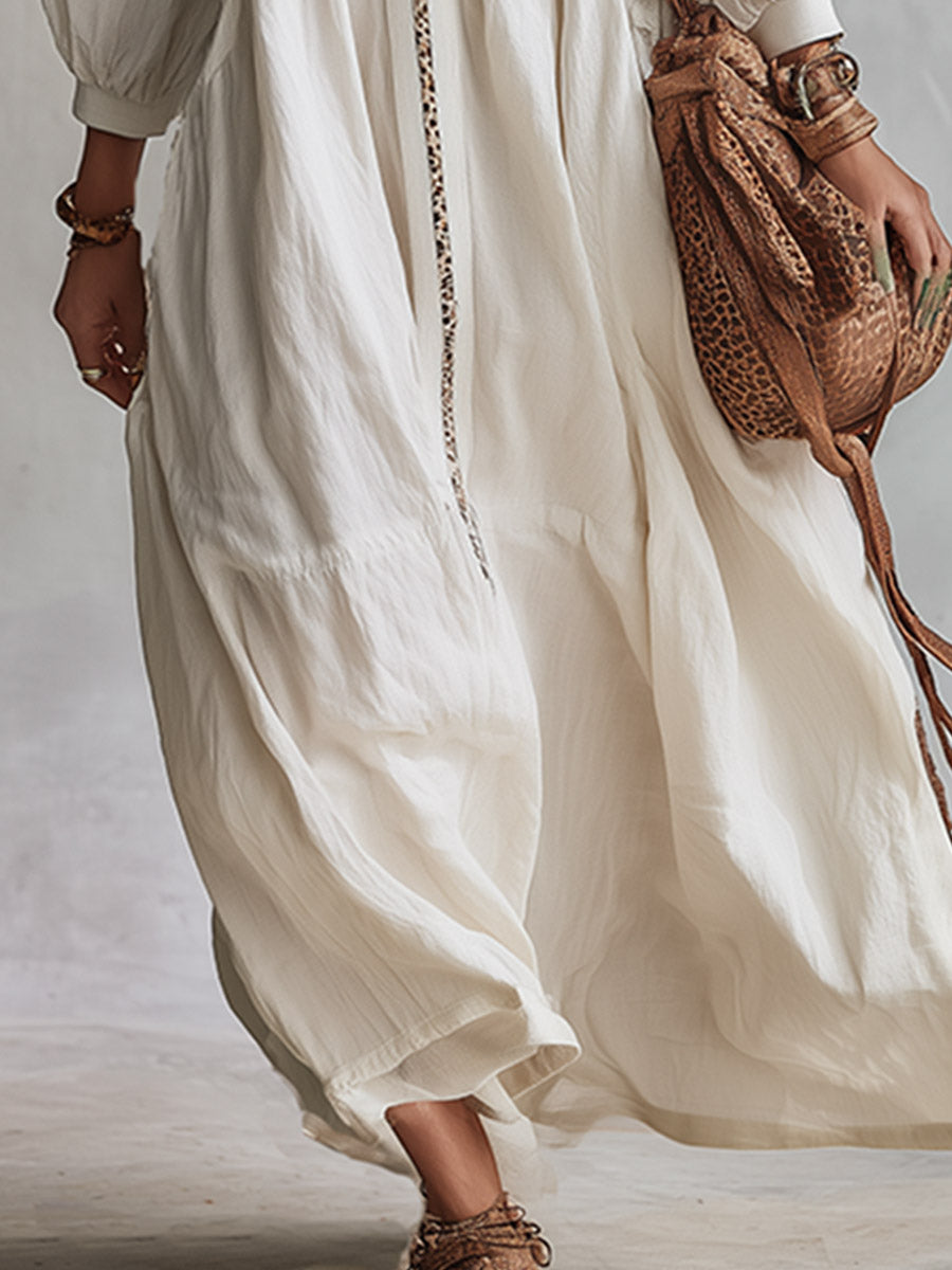 Vintage-style Boho White Leopard-print Patchwork Long-sleeved Maxi Dress