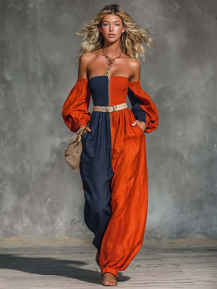 Boho Color-Block Off-Shoulder Belted Long-Sleeve Wide-Leg Cotton-Linen Jumpsuit