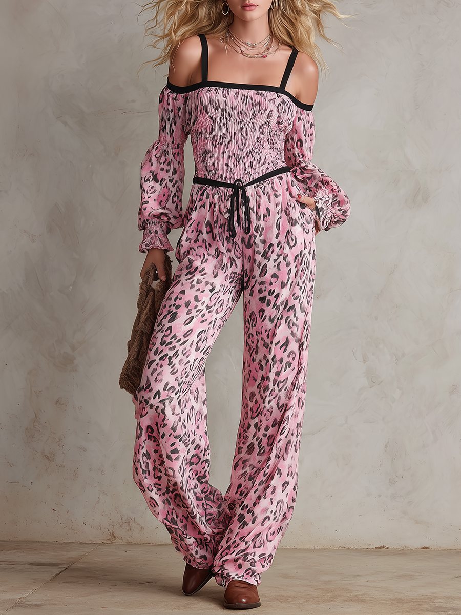 Retro-chic Western-style Off-shoulder Leopard Print Jumpsuit