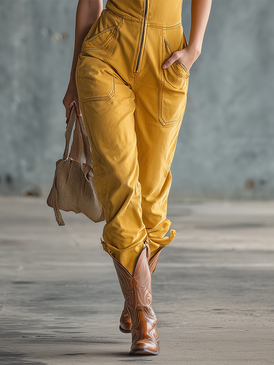 Western Zip-front Sleeveless Ruffle Denim Jumpsuit