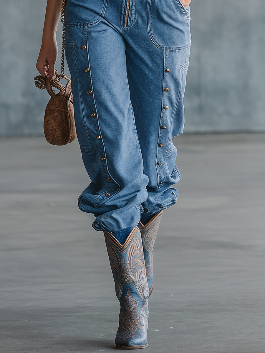 Western Zip-front Studded Denim Jumpsuit