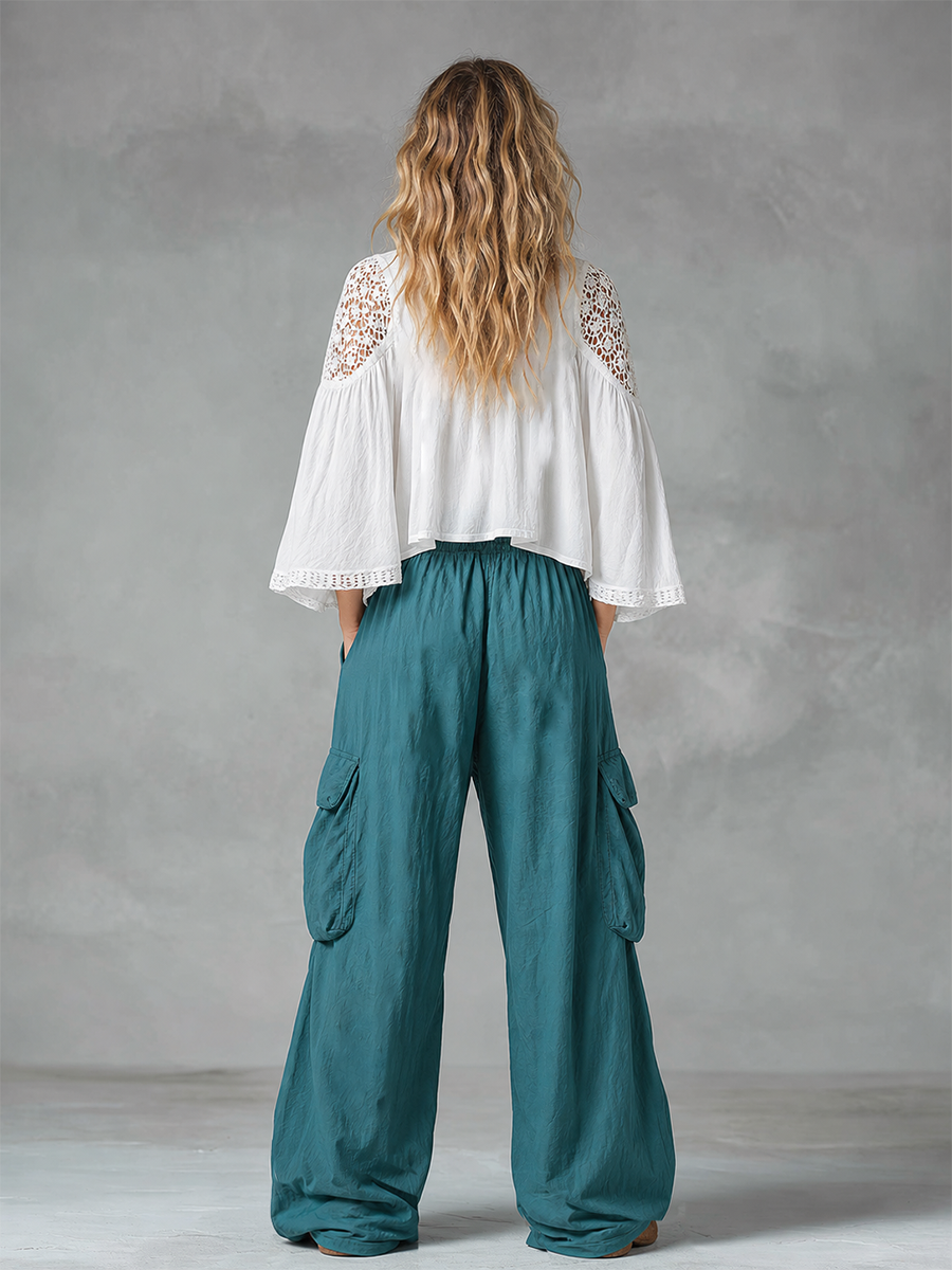 Vintage-style Boho Teal Utility Cotton-linen Trousers