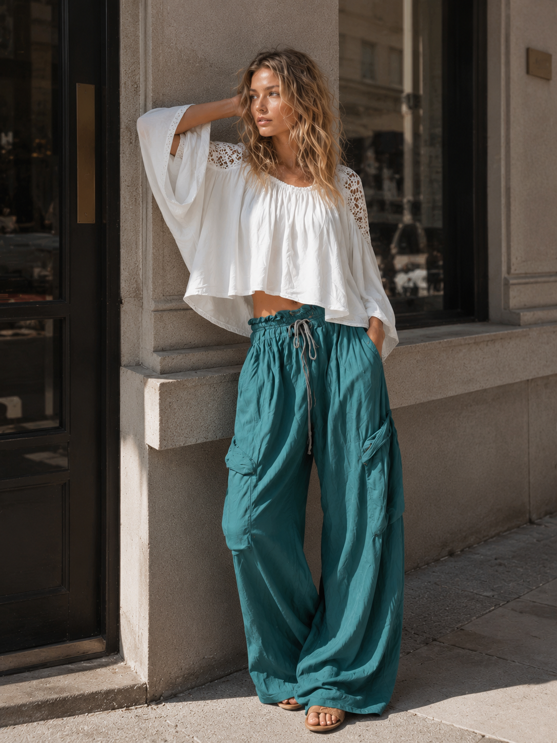 Vintage-style Boho Teal Utility Cotton-linen Trousers
