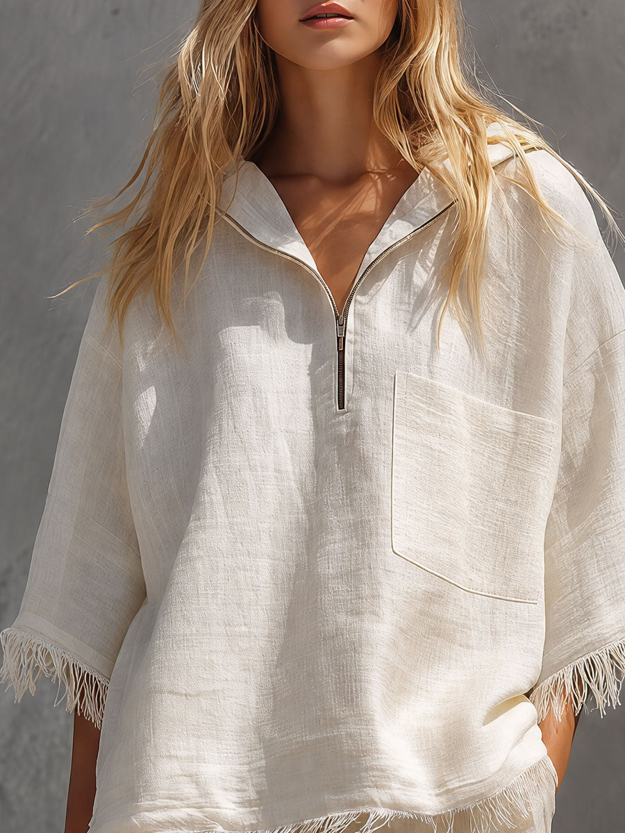 Casual Retro Off-white Hooded Fringed Cotton And Linen Shirt And Pants Set