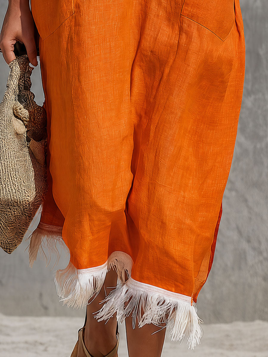 Casual Retro Tassel Orange Hooded Three-quarter Sleeve Cotton Linen Midi Dress