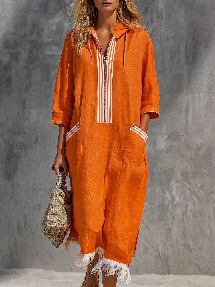 Casual Retro Tassel Orange Hooded Three-quarter Sleeve Cotton Linen Midi Dress