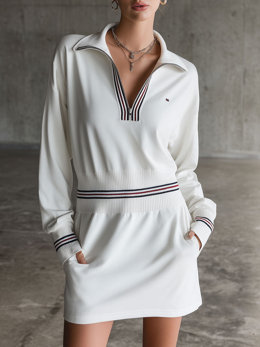 Casual Retro Sporty Embroidered Half-zip White Cotton Long-sleeved Mini Dress