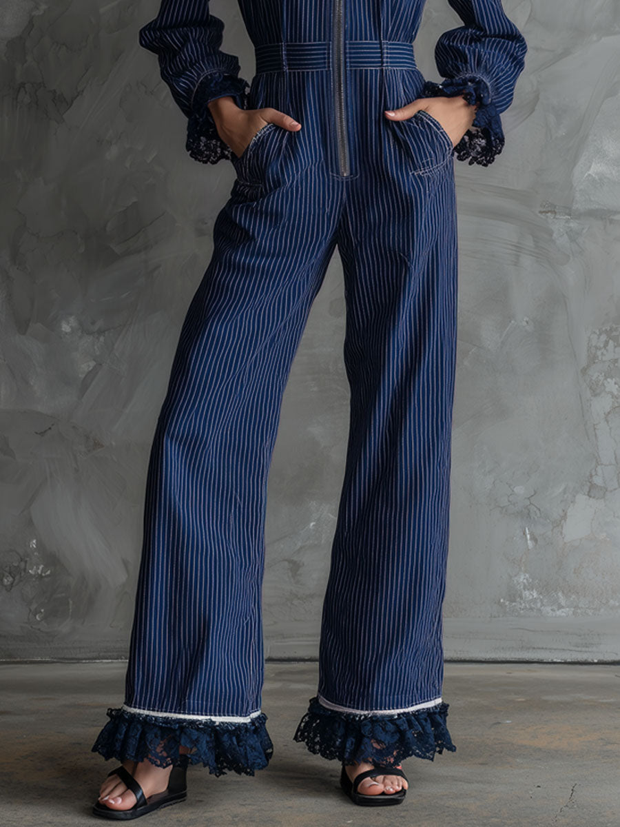 Fashionable Retro Lace-trimmed Dark Blue Striped Zip-up Hooded Jumpsuit
