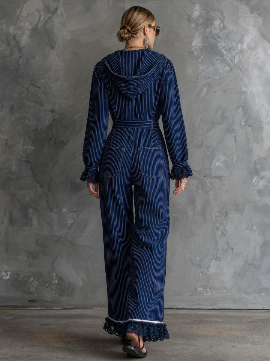Fashionable Retro Lace-trimmed Dark Blue Striped Zip-up Hooded Jumpsuit
