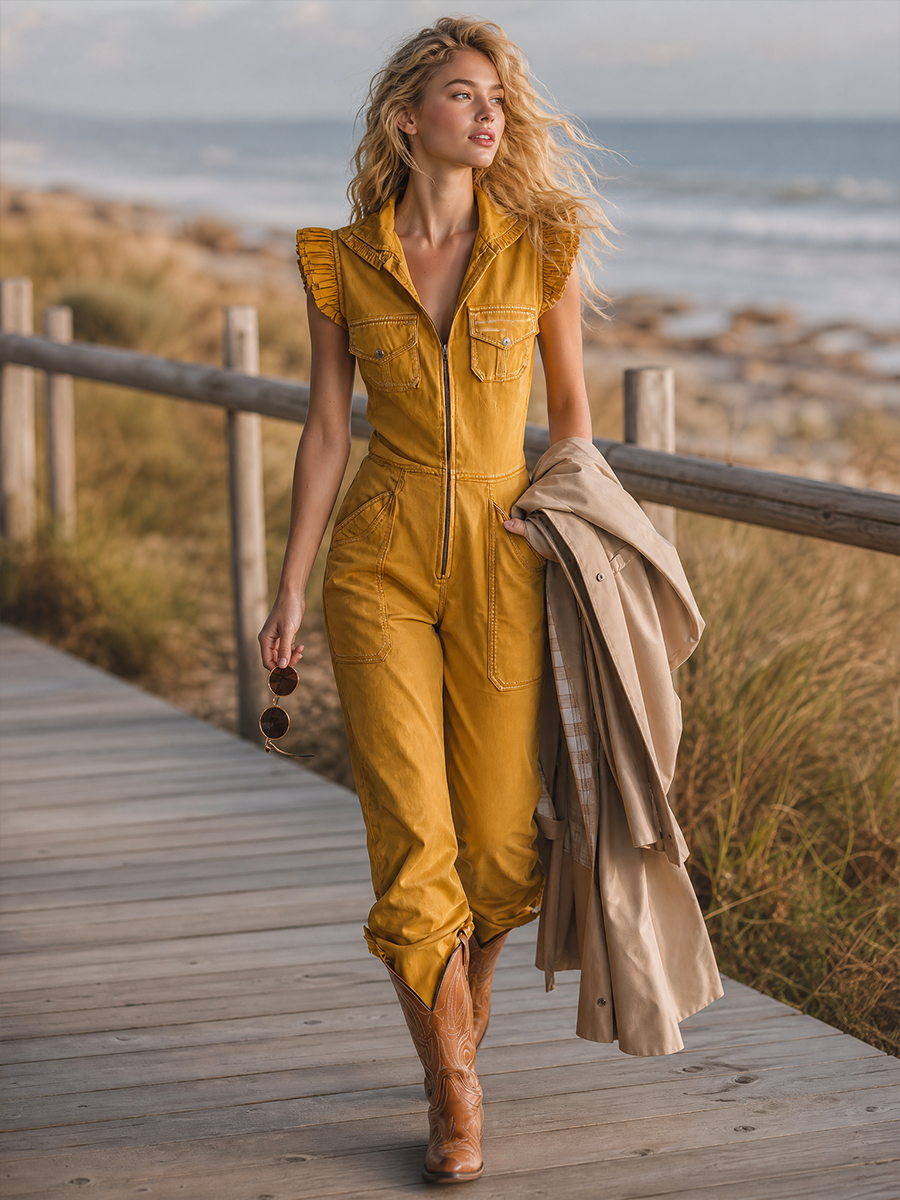 Western Zip-front Sleeveless Ruffle Denim Jumpsuit
