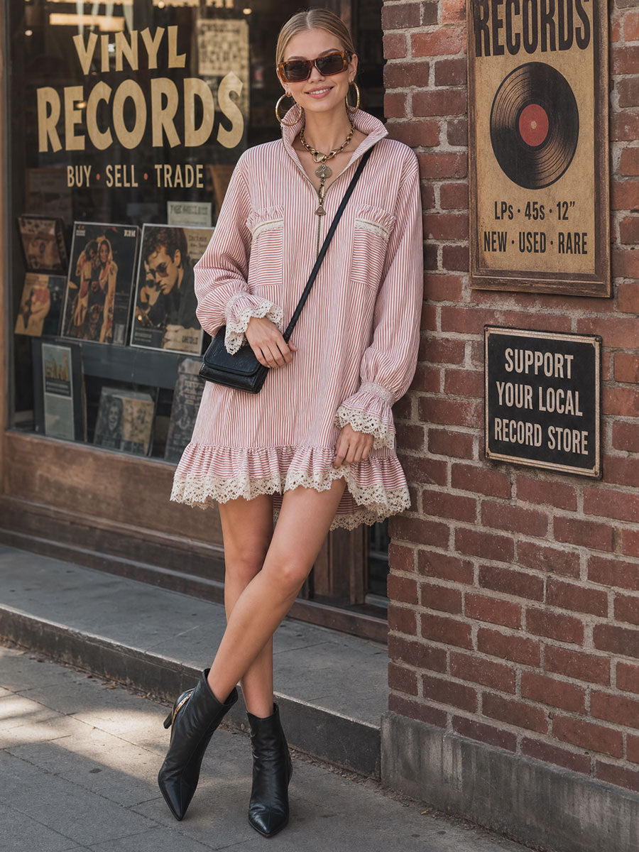 Fashionable Retro Lace Ruffle Half-zip Pink Striped Long-sleeved Mini Dress
