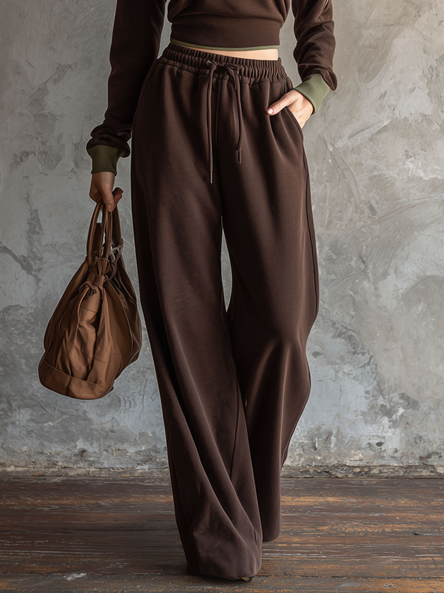 Casual Retro Sporty Chocolate Cotton Crew Neck Sweatshirt And Wide-Leg Pants Set