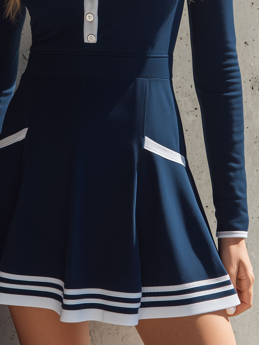 Casual Retro Color-blocked Trim Blue V-neck Long-sleeved Mini Dress