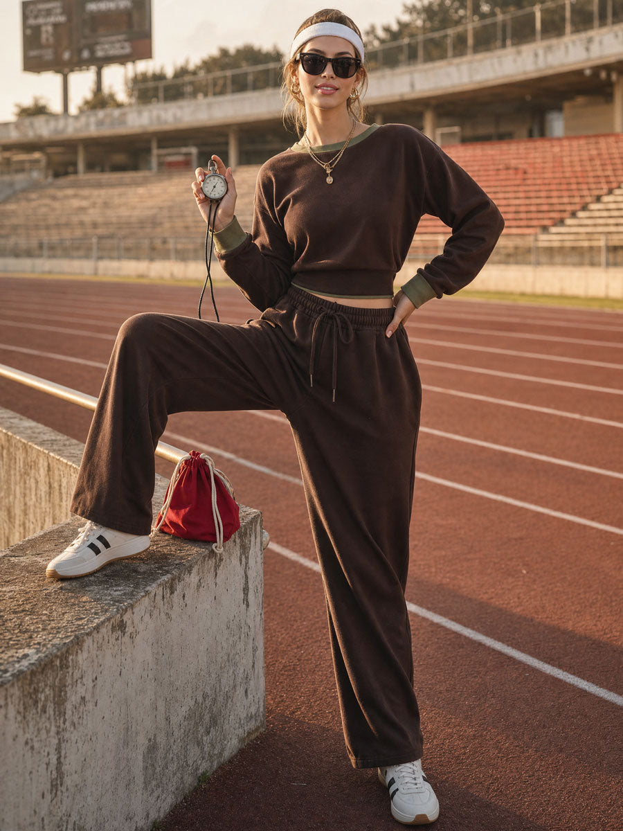 Casual Retro Sporty Chocolate Cotton Crew Neck Sweatshirt And Wide-Leg Pants Set