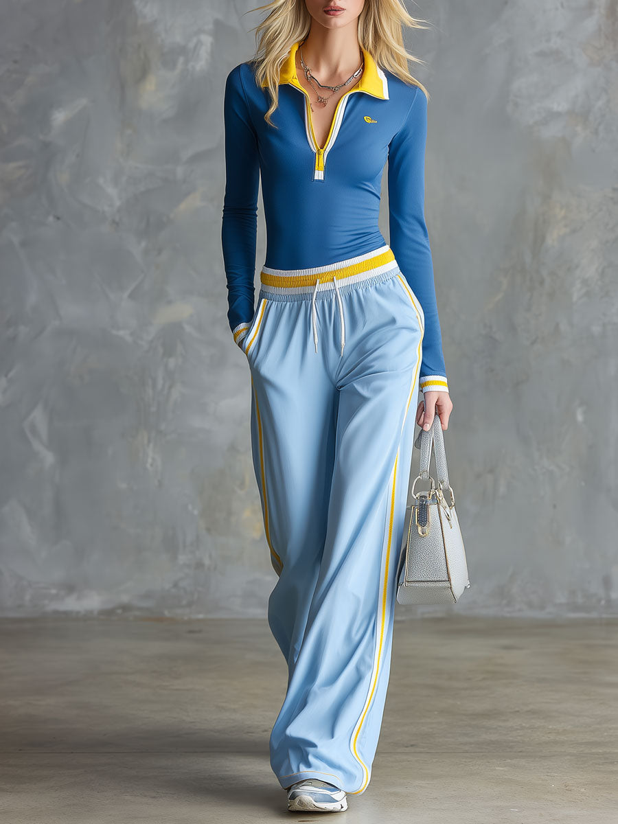 Casual Sporty Retro Color-blocked Blue Top And Pants Set