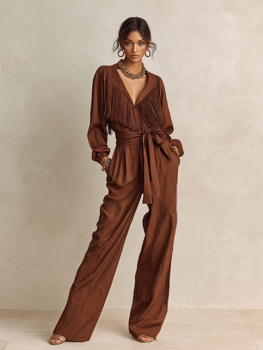 Vintage-style Elegant Tassel Brown V-neck Cotton Wide-leg Jumpsuit