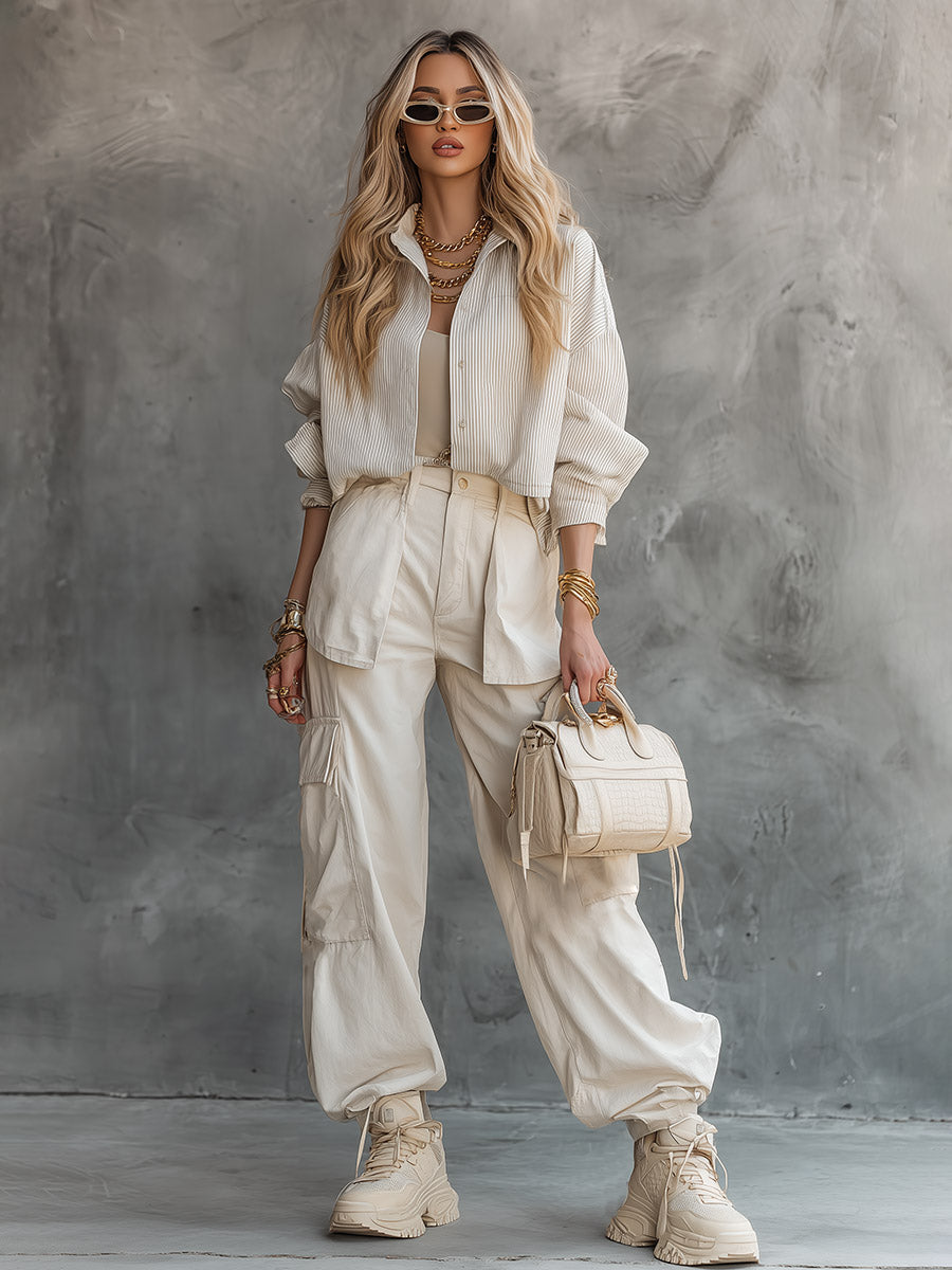 Casual Urban Off-White Striped Shirt And Multi-Pocket Cargo Pants Set