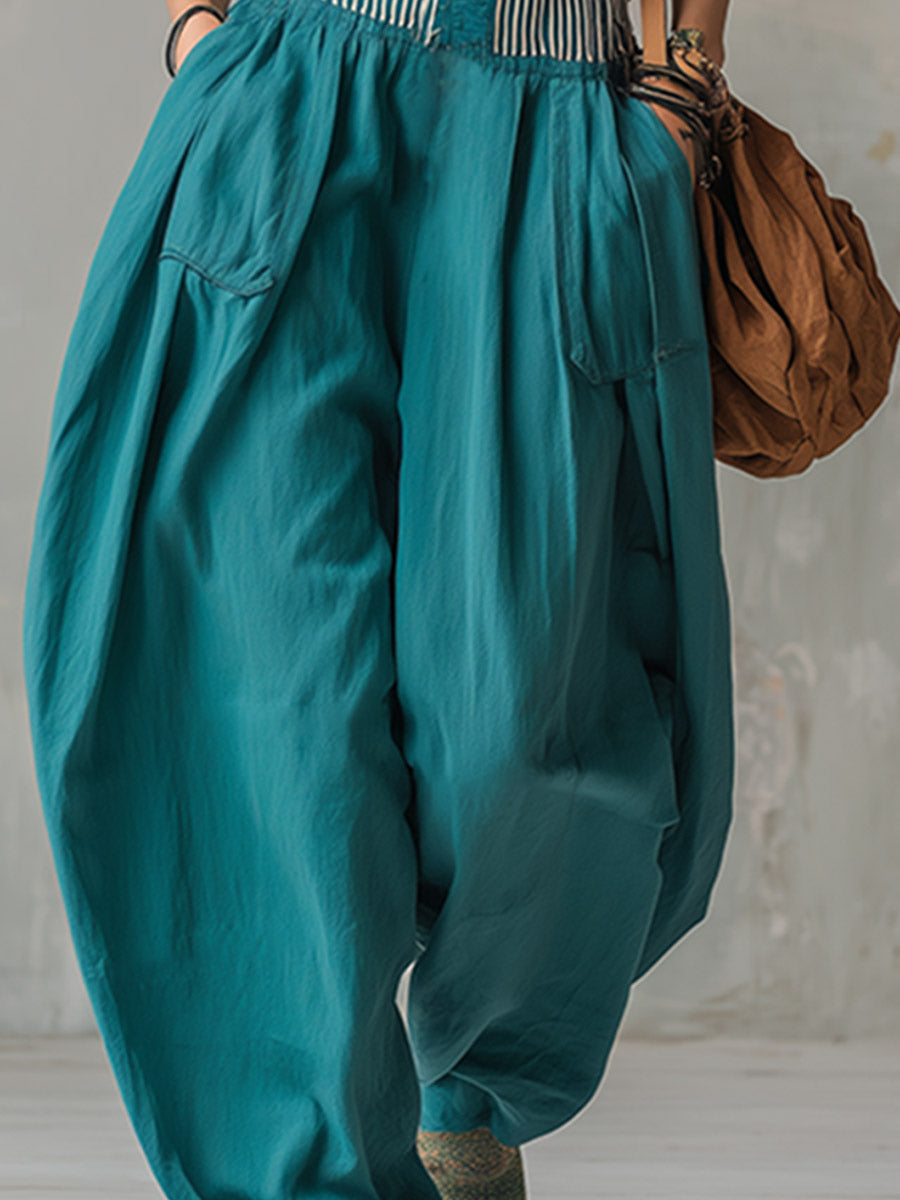 Retro Silhouette Striped Trim Teal Wide-leg Jumpsuit