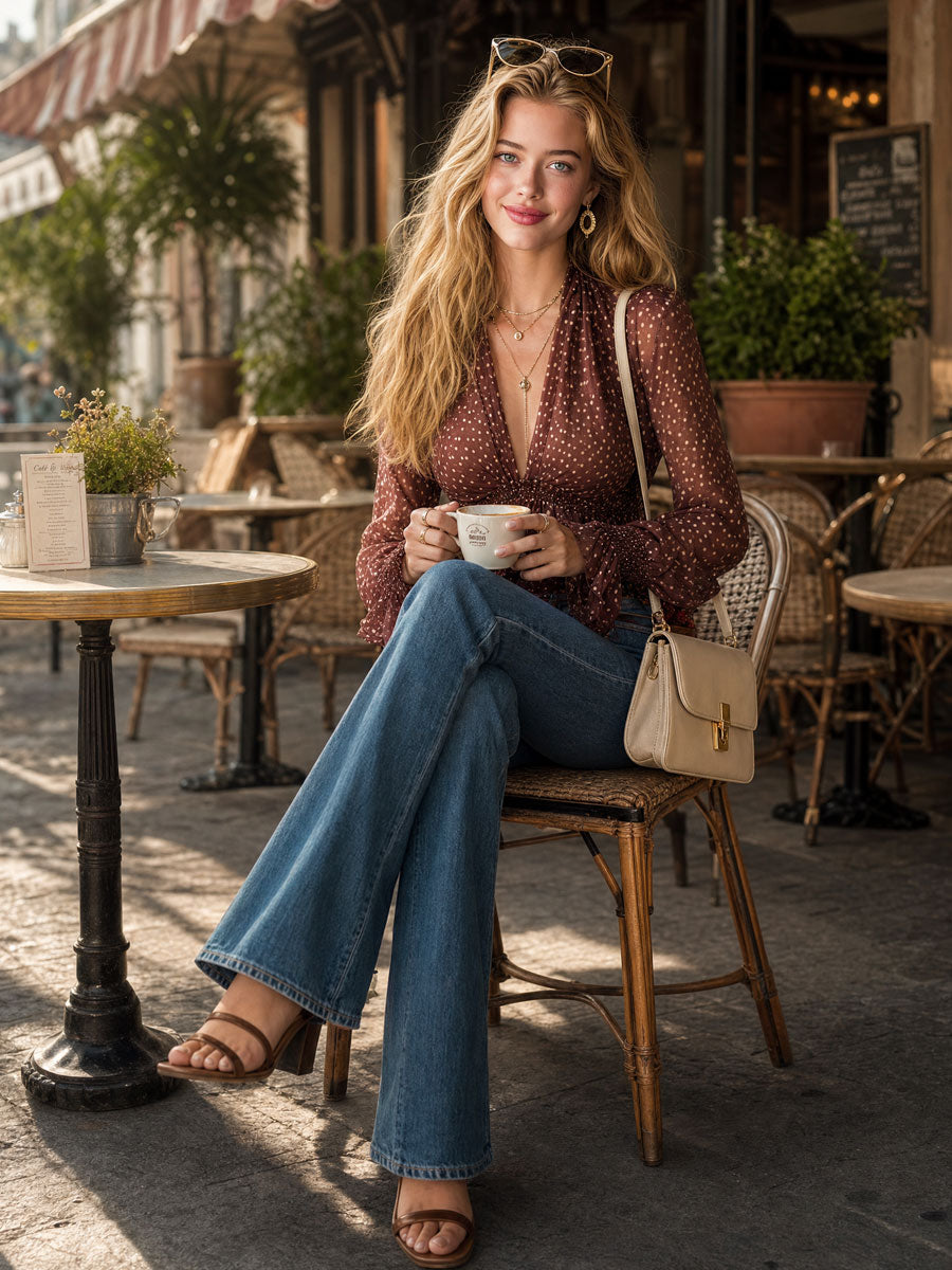 Fashionable Retro-style Polka Dot Ruffled Brown Chiffon Long-sleeved Shirt
