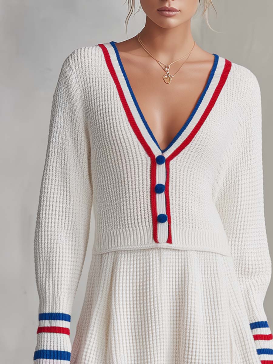 Preppy White Varsity-Stripe Knit Deep-V Button Long-Sleeve Mini Dress
