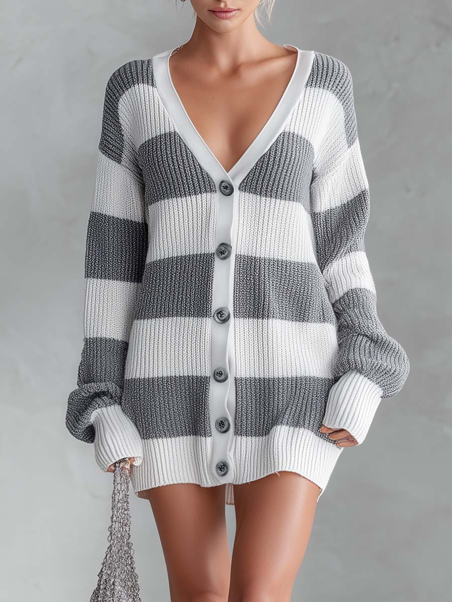 Cozy Grey Striped Knit Deep-V Button-Front Long-Sleeve Sweater Mini Dress