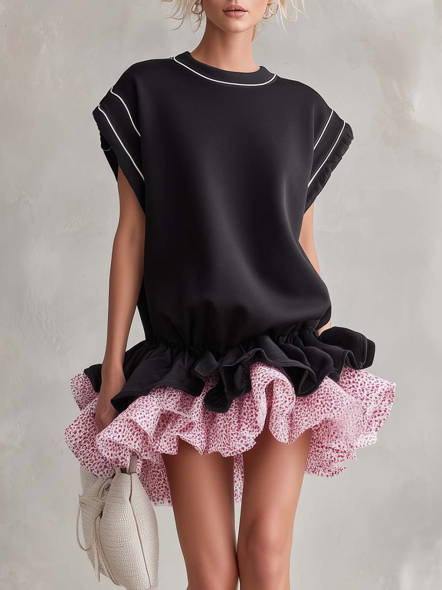 Sporty Black Floral Ruffle-Hem Cap-Sleeve Cotton Mini Dress