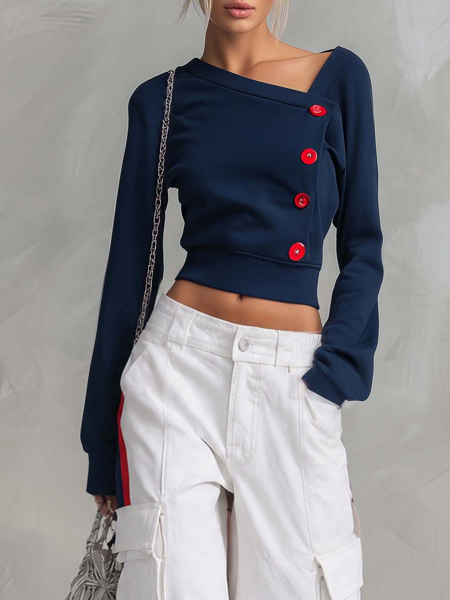 Sporty Navy Asymmetric Button Top Striped Cargo Pants Set