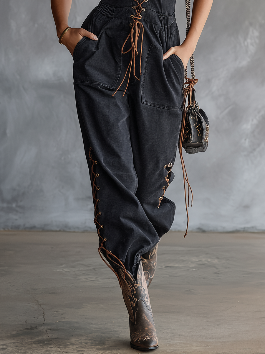 Western Vintage Lace-up Denim Jumpsuit