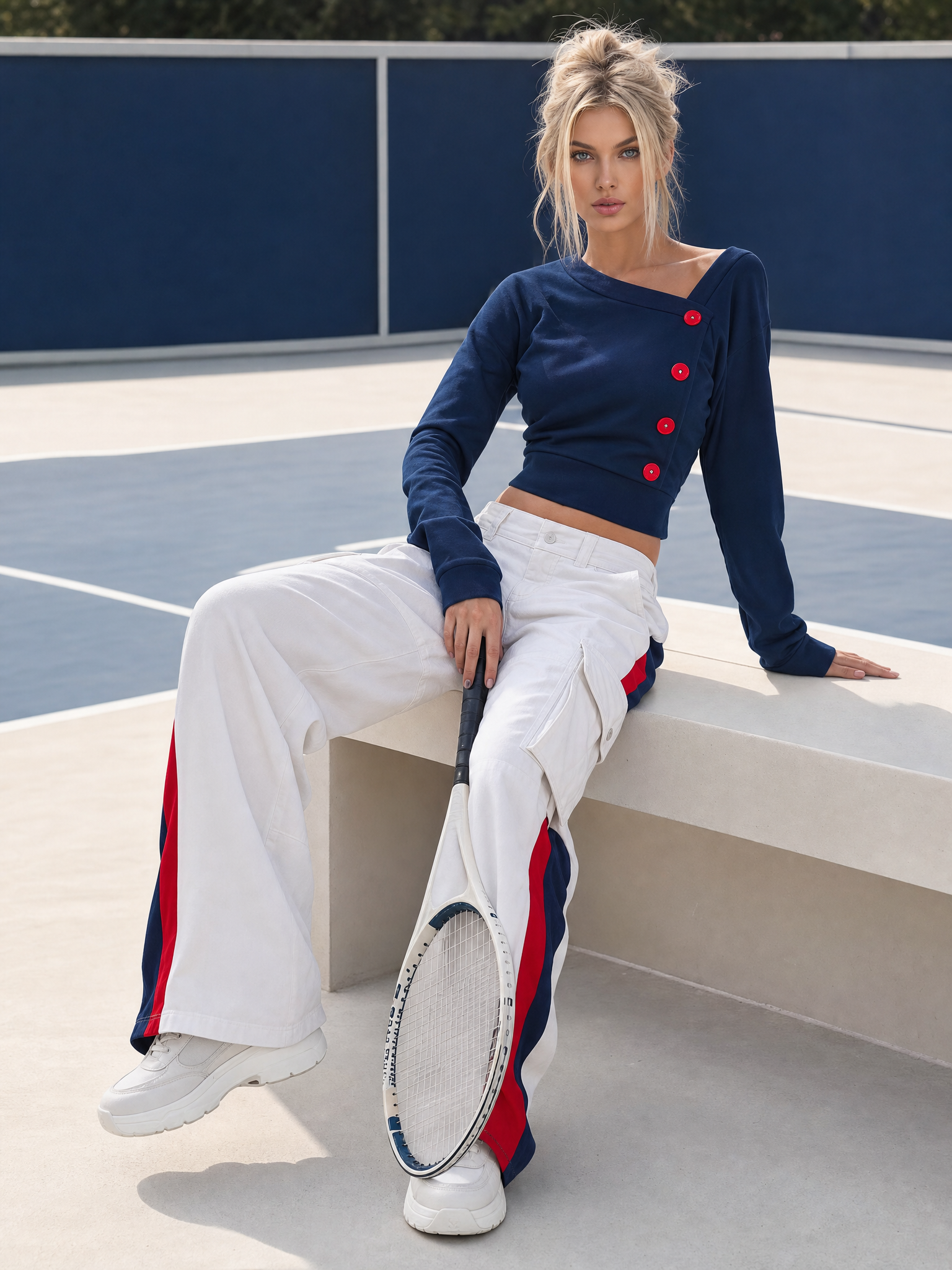 Sporty Navy Asymmetric Button Top Striped Cargo Pants Set