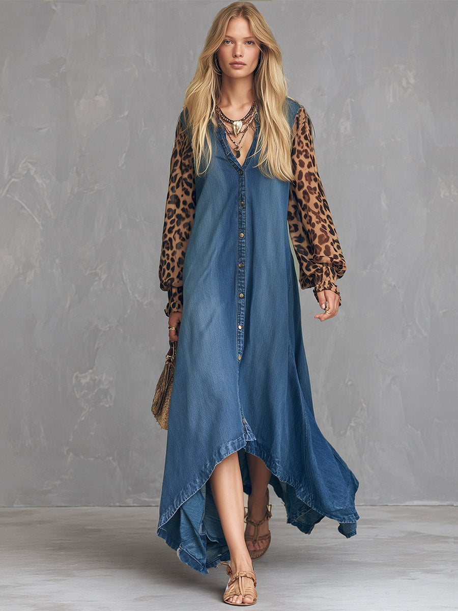 Vintage Casual Blue Denim Leopard-Print Sleeves Maxi Dress