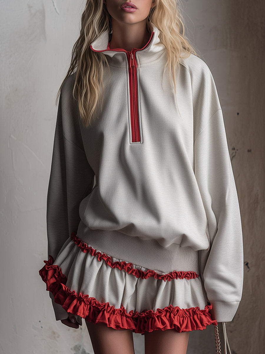 Sporty-chic Ruffled Off-white Half-zip Cotton Mini Dress