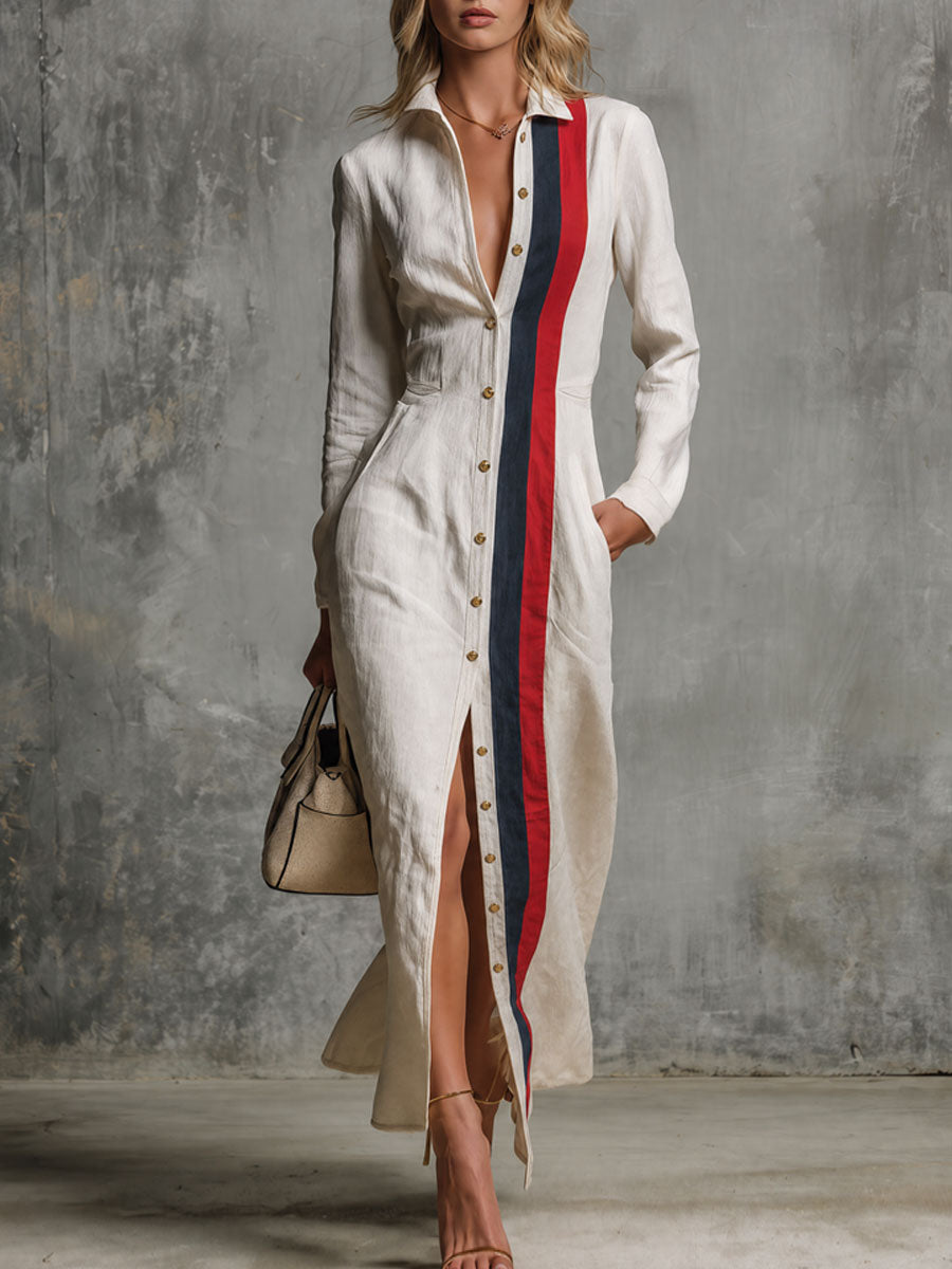 Retro Color-blocked Striped White Single-breasted Collar Cotton Maxi Dress