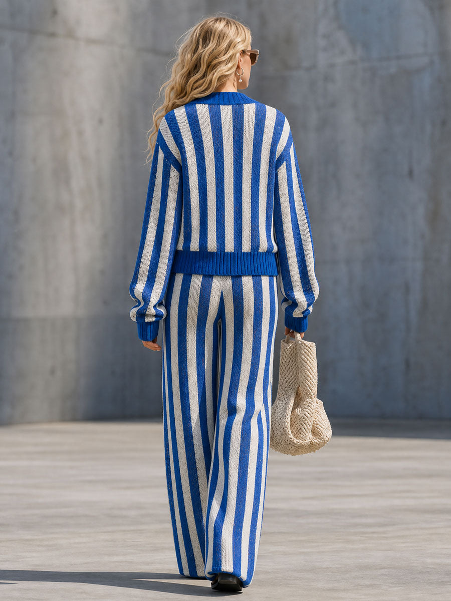Casual And Stylish Blue And White Striped Knit Cardigan And Wide-leg Pants Set