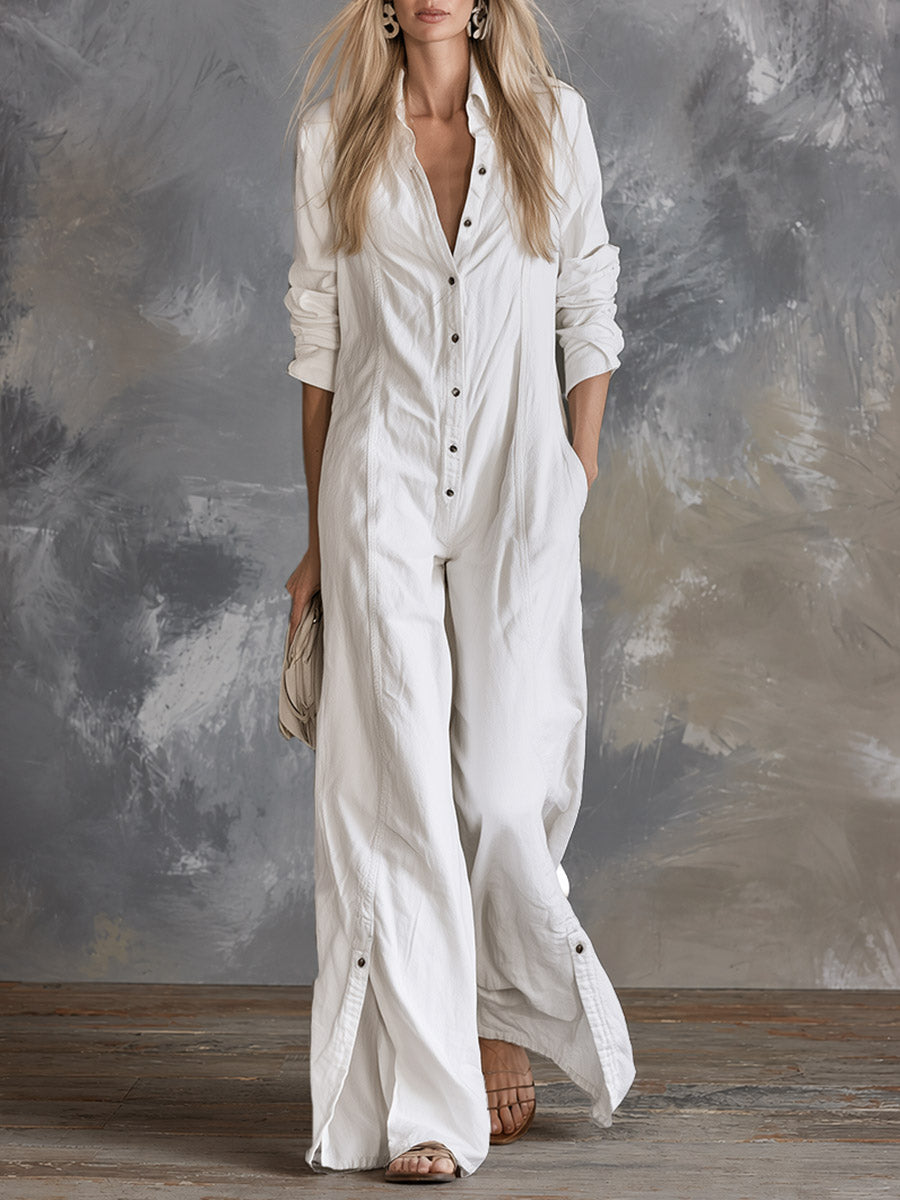 Casual Minimalist White Collared Single-breasted Jumpsuit