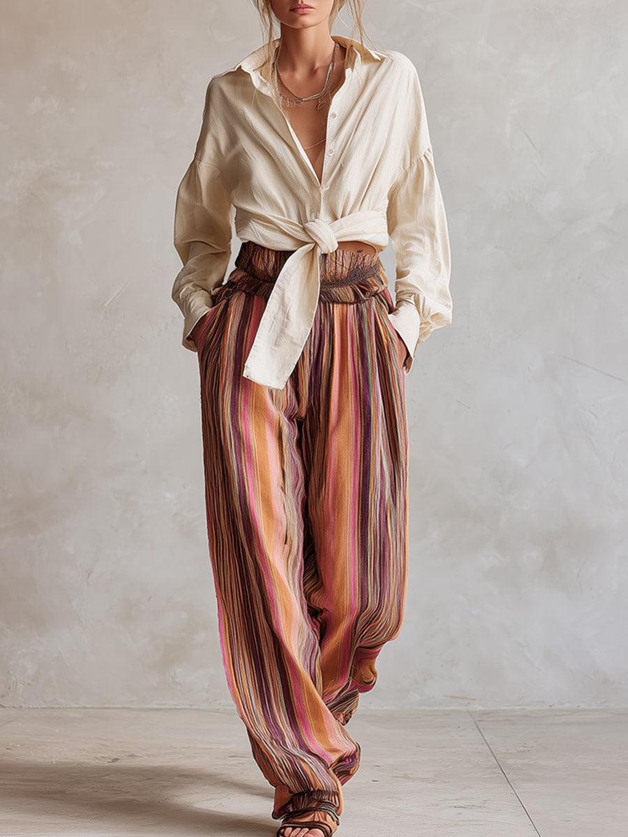 Retro-style Boho Shirt and Striped High-waisted Wide-leg Pants Set