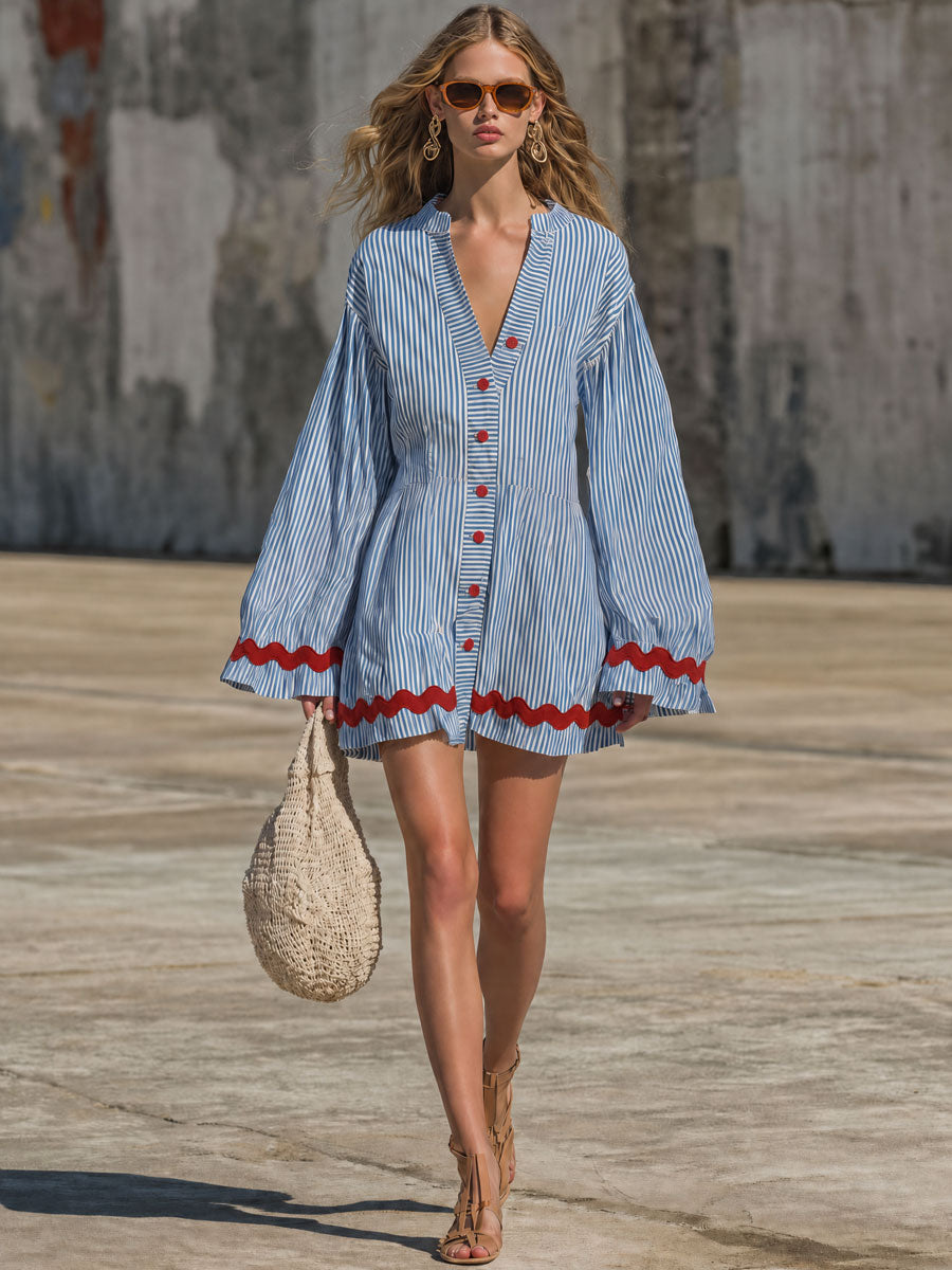 Fashionable Retro Red Wavy Ribbon Long-sleeved Blue Cotton Linen Mini Dress