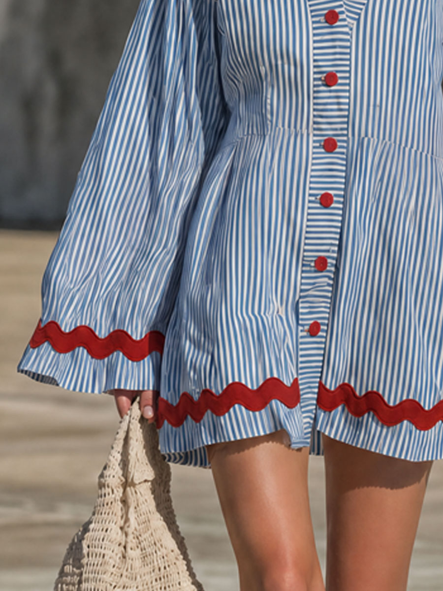 Fashionable Retro Red Wavy Ribbon Long-sleeved Blue Cotton Linen Mini Dress