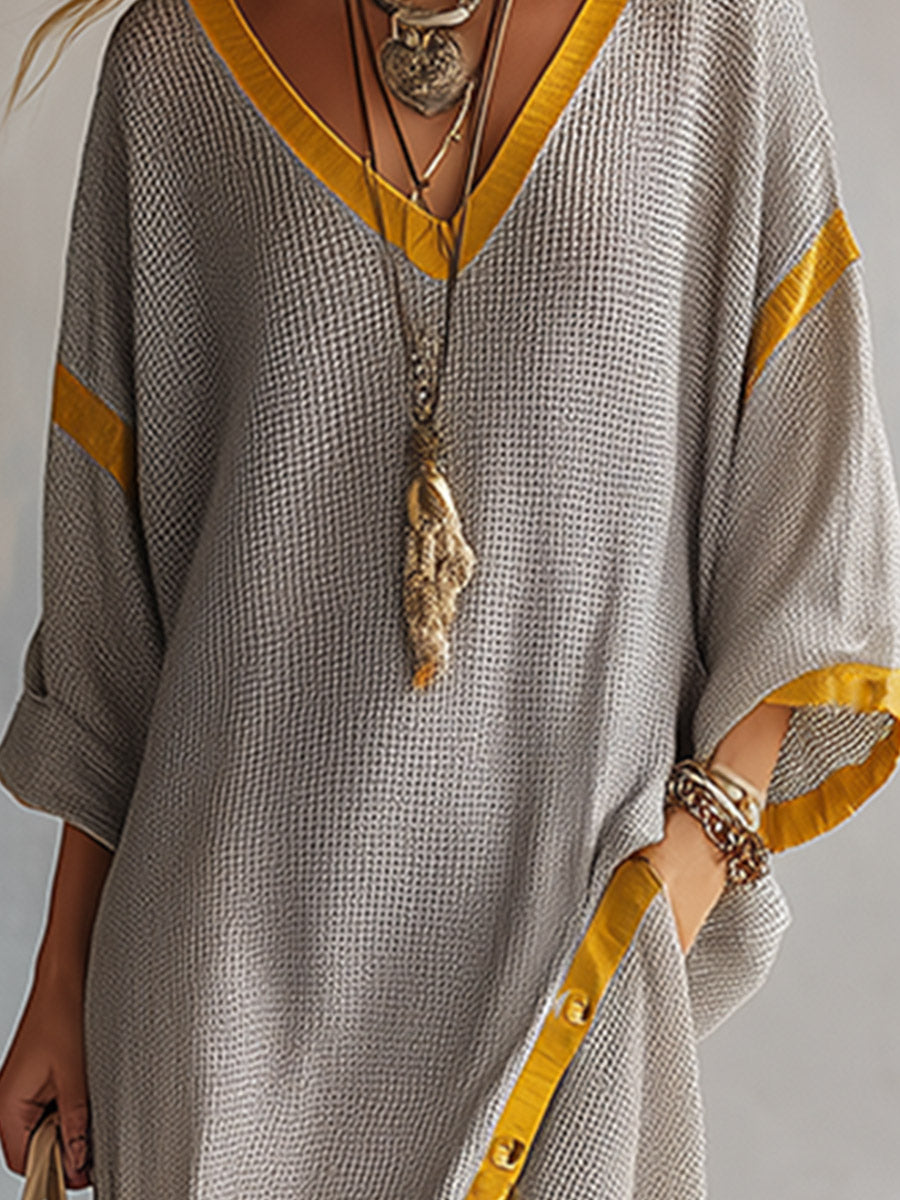 Retro-Elegant Color-Contrast Trim Light Gray Waffle-Knit Maxi Dress