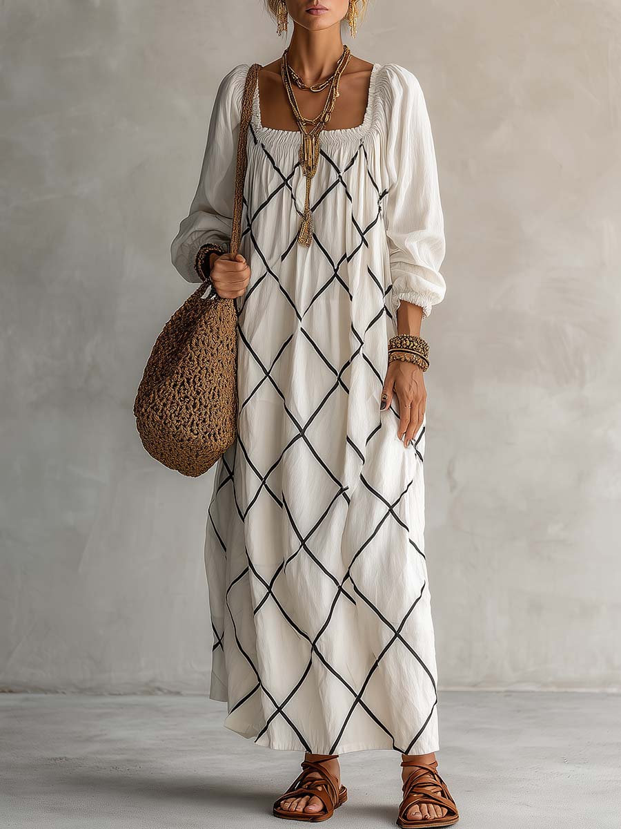 Boho White Geometric Print Cotton-Linen Square-Neck Long-Sleeve Maxi Dress