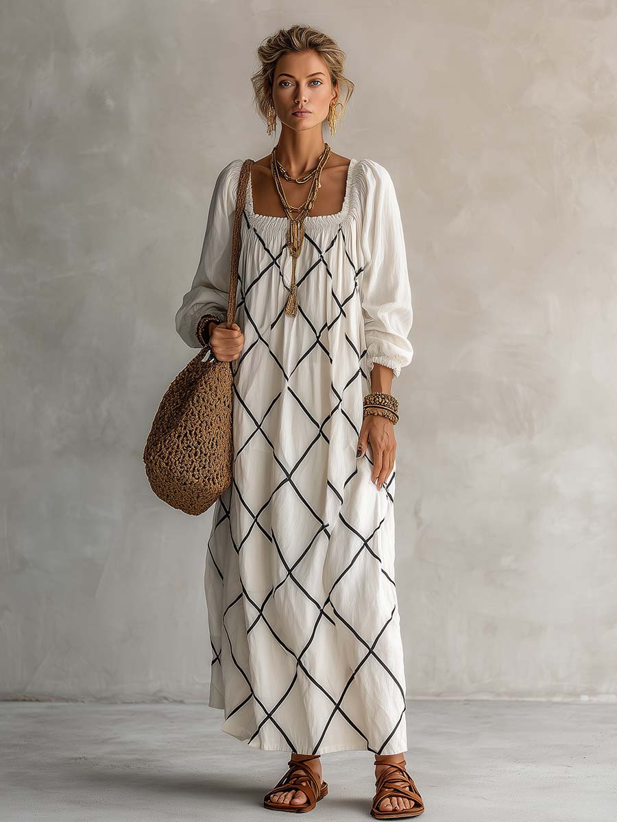 Boho White Geometric Print Cotton-Linen Square-Neck Long-Sleeve Maxi Dress