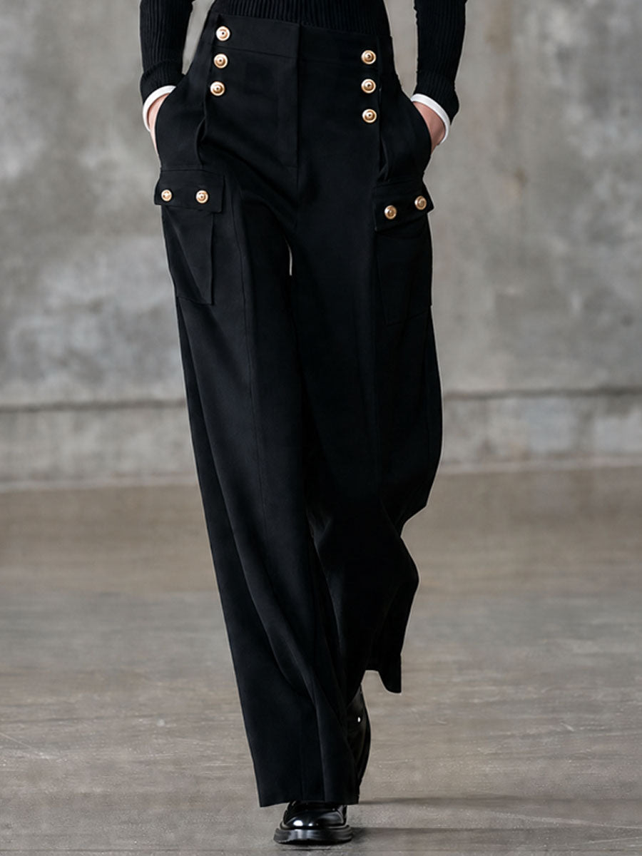 Fashionable Retro Black And White Knitted Long-sleeved Top And Multi-pocket Pants Set