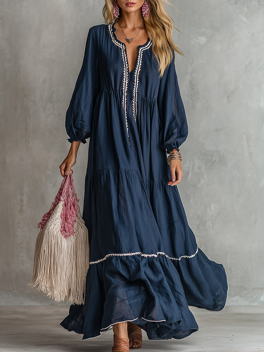Vintage-style Embroidered Navy Cotton-linen Maxi Dress