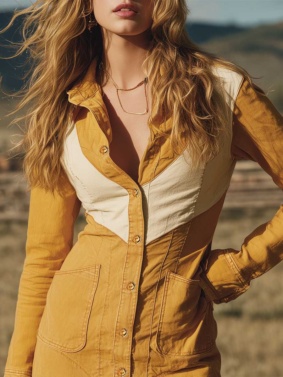 Western Vintage Yellow-and-white Contrast-panel Denim Dress