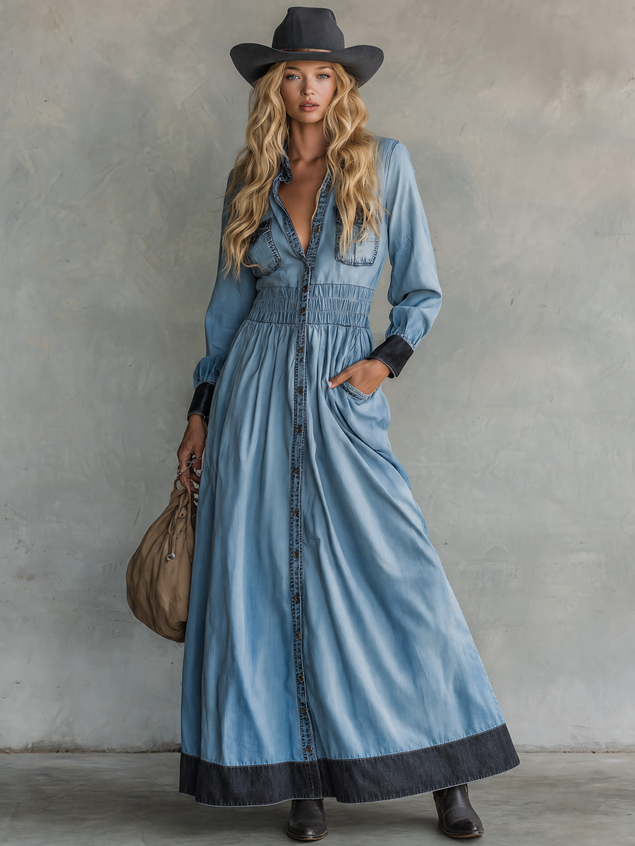 Western Vintage Contrast Denim Maxi Dress