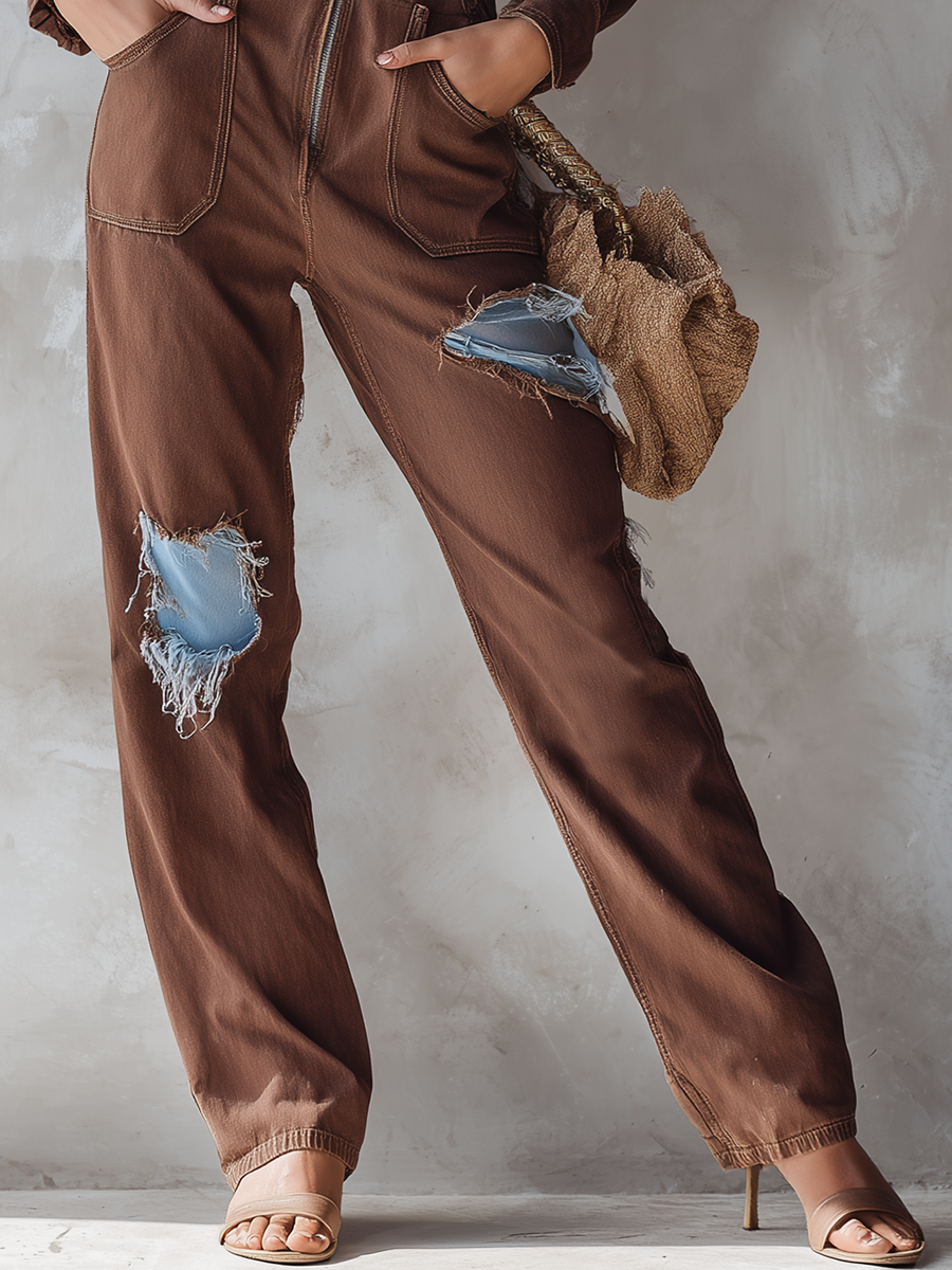 American Vintage Contrast Underlay Ripped Zip-front Denim Jumpsuit