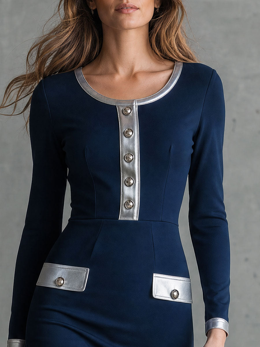 Retro-elegant Color-blocked Trim Blue Round Neck Long-sleeved Cotton Mini Dress