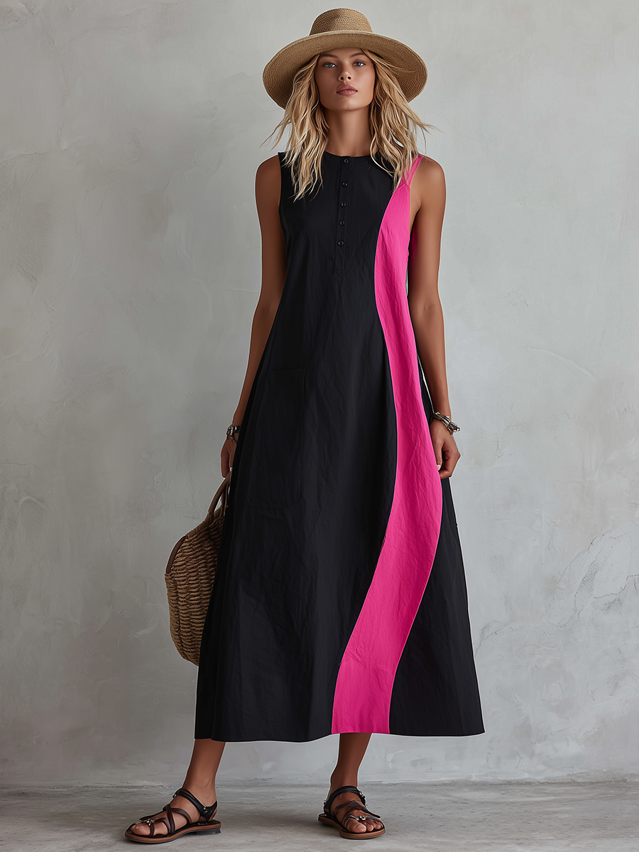 Retro-casual Elegant Western-style Color-block Sleeveless Maxi Dress In A Cotton Blend