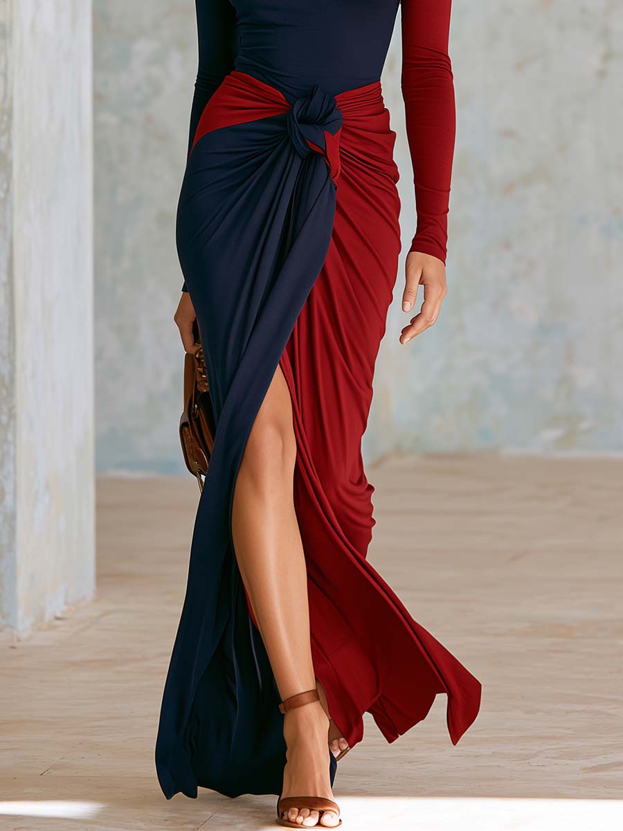 Elegant Navy Burgundy Color-Block High-Neck Long-Sleeve Ruched Slit Maxi Dress